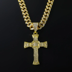 Herren Hip Hop Goldene Kubanische Kette mit großem Kreuzanhänger mit Diamanten