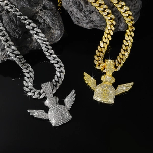 Hip-hop goud en zilveren dollarzak hanger met vleugels en sprankelende ijsstenen
