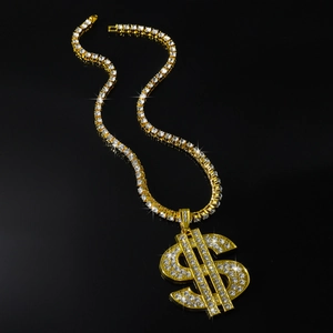 Hip hop gold dollar sign pendant necklace with iced out crystals and tennis chain