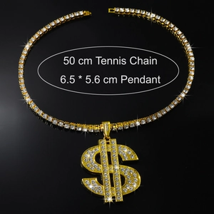 Detailed macro view of iced-out gold dollar sign pendant with tennis chain and rhinestones
