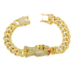 Bracelet Hip Hop Maille Cubaine Strass Plaqué Or Argent Alliage de Zinc Santa Muerte Mains en Prière Pendentif Bracelet Punk Bijoux