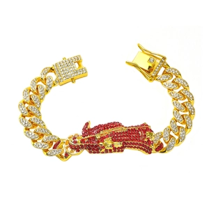 Bracelet Homme Hip Hop Mailles Cubaines Avec Pendentif Figure à Capuche Rouge Alliage de Zinc Incrusté de Strass Or Argent Bijoux Punk