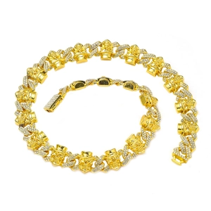 Collier Bracelet Hip Hop pour Hommes en Alliage avec Strass et Crâne Plaqué Or Argent Mailles Gourmette Bijoux Streetwear Punk Cadeau
