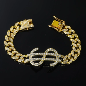 Bracelet Maillon Cubain Signe Dollar Hip Hop Alliage Strass Électroplaqué Iced Out Or Argent Punk Bracelet pour Hommes Femmes Bijoux