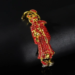 Pendentif Santa Muerte punk doré avec strass rouges et bélière épaisse pour collier homme