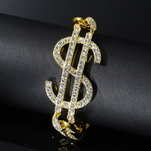 Bracelet hip-hop doré avec signe dollar, strass brillants et grosse chaîne cubaine
