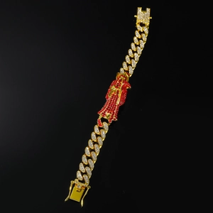 Bracelet cubain doré hip-hop avec figurine de faucheuse sertie de strass rouges