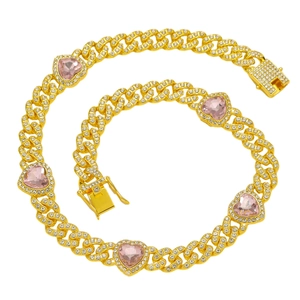Collier Chaîne Cubaine en Alliage de Strass Hip Hop pour Homme Or Argent Rose Cœur Collier Chaîne Iced Out Bijoux Street