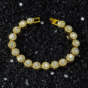 Iced out 10mm hip hop tennis bracelet in gold finish with round cut CZ stones