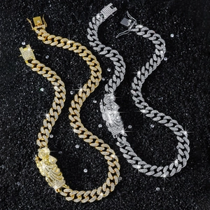 Collana Cuban Link 12mm da uomo con ciondolo religioso in oro e argento con strass lucidi