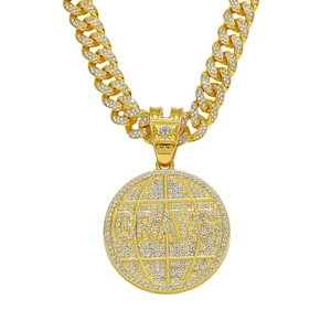 Hip hop gold Cuban chain necklace with iced-out GRAYS globe medallion pendant