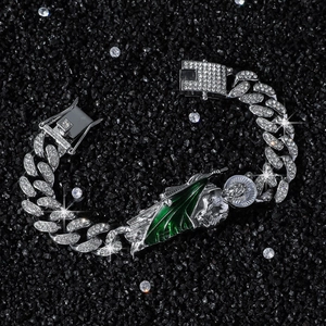 Bracelet cubain style hip hop en argent avec pendentif Saint Jude et émail vert