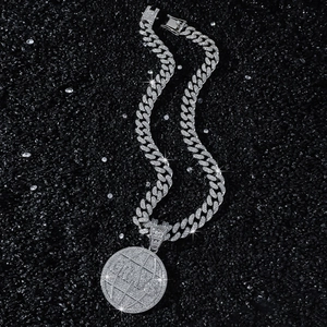 Hip hop iced-out cuban chain necklace with a crystal-studded rotating globe pendant