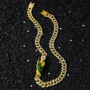 Uomo Hip Hop Collana a Maglia Cubana in Lega Ciondolo Saint Jude Figura Religiosa Smalto Verde Oro Argento Strass Collane Gioielli