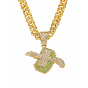 Collier Pendentif Ailes Signe Dollar Pavage de Strass Hip Hop Alliage de Zinc Or Argent Chaîne Cubaine Bijoux pour Hommes