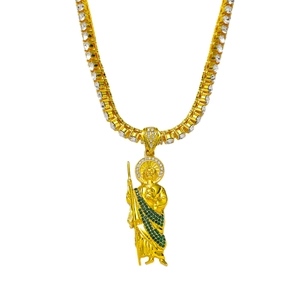 Hip Hop Saint Jude Pendant Necklace For Men Zinc Alloy Rhinestone Inlaid Religious Saint Character With Tennis Chain