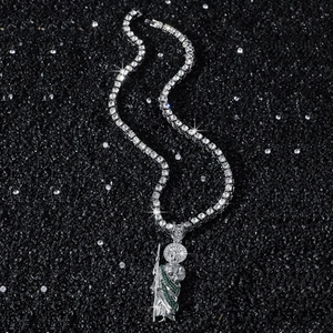 Hip hop Saint Jude pendant necklace with green stones and tennis chain on black stone