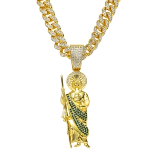 Hip hop Saint Jude Thaddeus pendant necklace with green and white stones on Cuban chain