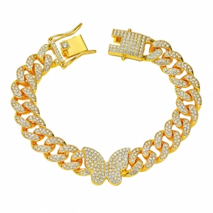 Hip hop butterfly iced out Cuban link bracelet in gold finish with white rhinestones
