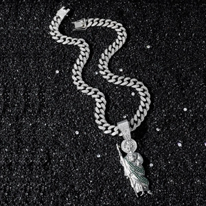 Hip hop St. Jude pendant necklace with green zircons and iced out cuban chain