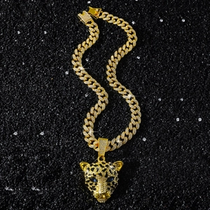 Collier Pendentif Tête de Léopard Hip Hop pour Hommes Alliage de Zinc Strass Brillant Maille Cubaine Or Argent Plaqué Bijoux