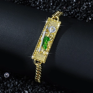 Bracelet religieux Saint Jude hip hop avec émail vert et chaîne cubaine plaquée or