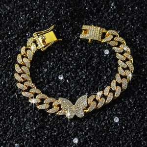 Hip hop gold butterfly cuban link bracelet with sparkling pave diamonds for men and women