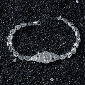 Hip hop style silver St. Jude religious medallion bracelet with leaf-shaped links