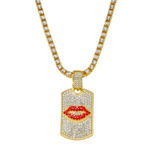 Collier hip hop dog tag avec chaîne tennis et pendentif lèvres en strass rouges