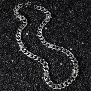 Set Collana E Bracciale In Acciaio Inossidabile Hip Hop Con Maglia Cubana E Filo Spinato Per Uomo Donna Gioielli Punk Streetwear