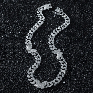 Classic 13mm silver Cuban link necklace with iced-out butterflies and pavé diamonds