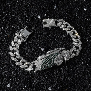 Hip hop St. Jude Cuban link bracelet with sparkling green and white rhinestones