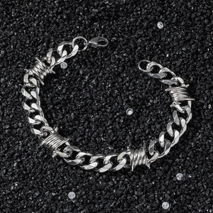 Hip Hop Stainless Steel Barbed Wire Cuban Link Bracelet For Men Women Punk Street Style Silver Chain Bracelet Jewelry