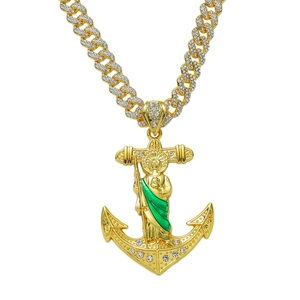 Collier pendentif ancre Saint Jude hip hop en or avec émail vert et zircons brillants