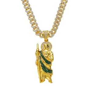 Hip Hop Saint Jude Statue Pendant Necklace Zinc Alloy Rhinestone Cuban Link Chain Gold Silver Plated Religious Jewelry For Men