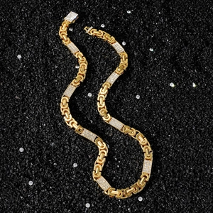 Hip Hop Hommes Alliage Iced Out Byzantine Chaîne Collier Bracelet Ensemble Or Argent Verre Strass Géométrique Lien Bijoux