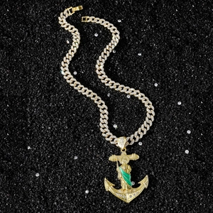 Collier Pendentif Ancre Saint Jude Hip Hop avec Strass Émail Alliage de Zinc Bijoux Religieux Homme Chaîne Cuban