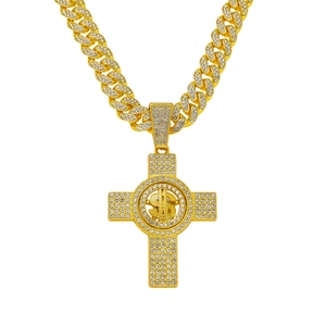 Collana con Pendente a Croce Segno del Dollaro Rotante da Uomo Hip Hop in Lega di Zinco con Strass e Catena Cubana