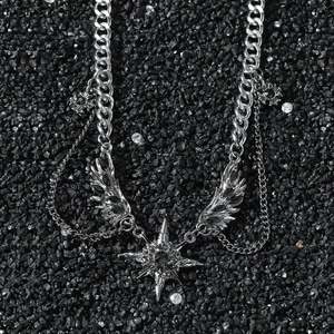 Collier Pendentif Gothique Punk Aile Étoile Hommes Femmes Alliage de Zinc Acier Inoxydable Chaîne Cubaine Bijoux Cadeau