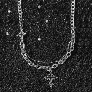 Men's Vintage Gothic Double Layer Stainless Steel Cross Pendant Necklace Punk Hip Hop Cuban Chain Necklace Jewelry For Men Women