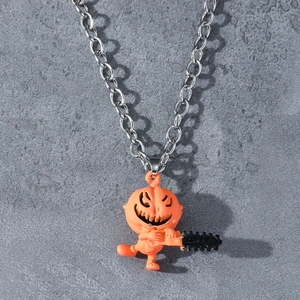 Collier avec pendentif citrouille et tronçonneuse d'Halloween sur chaîne argentée
