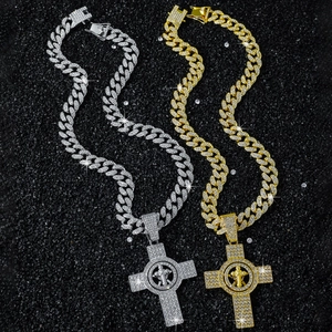 Iced out hip hop cross pendants on gold and silver cuban chains for men with rhinestones