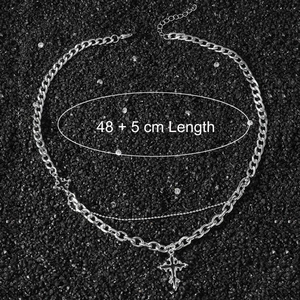 Men's double layered cross pendant necklace with heavy cuban chain in polished steel