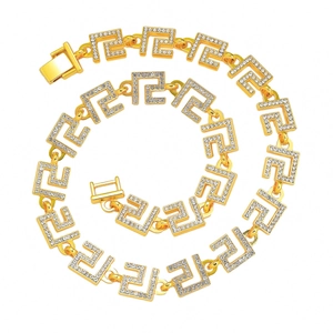Golden 14mm hip hop chain necklace with sparkling rhinestones and geometric pattern