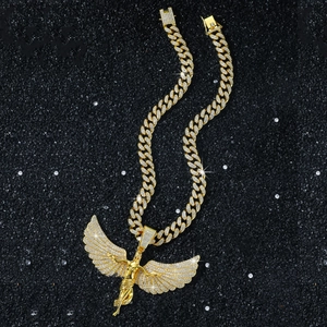 Hip Hop Engelsflügel Anhänger Halskette Zinklegierung Voll Strass Iced Out Panzerkette Schmuck Für Herren Street Style
