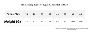 Size chart for 12mm baguette diamond cuban link chains showing length and weight options