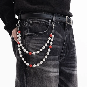 Chaîne de pantalon hip hop double couche avec perles boule disco cristal rouge et blanc