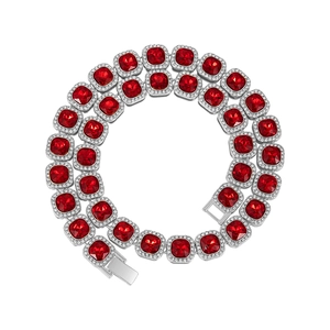 Luxurious silver square-cut ruby pendant necklace with diamond halo on white background