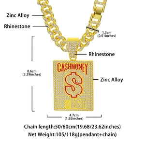 Macro detail of iced-out CASHMONEY pendant and cuban chain with rhinestone and zinc alloy info