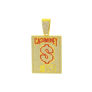 Detailed view of the gold hip-hop pendant with red CASH MONEY text and dollar sign icon